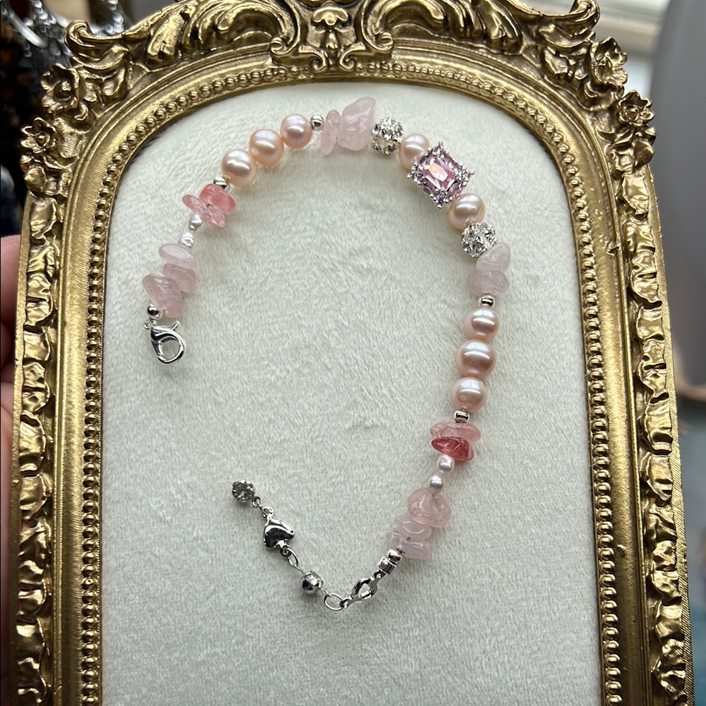 M212 Rose Quartz Freshwater Pearl Pink Gem Stone Bead Chip Bracelet Crystal